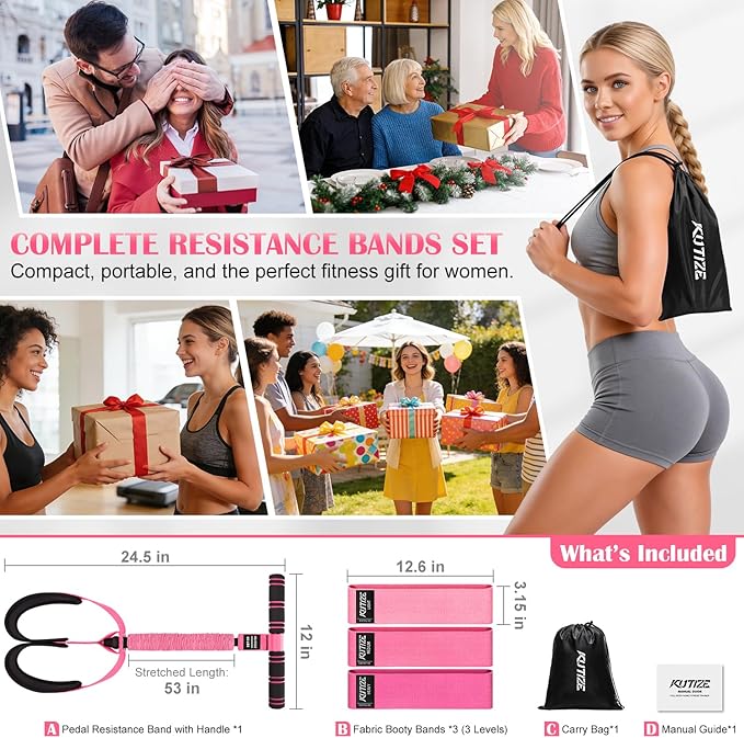 Pedal Resistance Band with Handle and Booty Bands Set for Women, 2 in 1 Fabric Exercise Bands for Core, Leg and Glutes, Full Body Home Gym Exercise Equipment for Yoga, Pilates, Physical Therapy