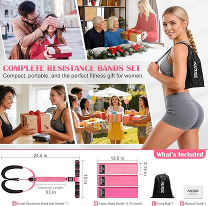 Pedal Resistance Band with Handle and Booty Bands Set for Women, 2 in 1 Fabric Exercise Bands for Core, Leg and Glutes, Full Body Home Gym Exercise Equipment for Yoga, Pilates, Physical Therapy