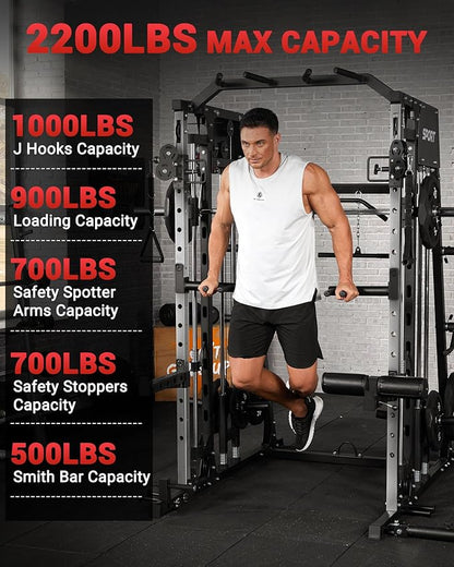GarveeLife Smith Machine Home Gym All in One, 2200 LBS Squat Rack Power Cage with Smith Bar, LAT Pull-Down, Cable Systems, Leg Hold-Down and More Attachments, Workout Equipment (Red Black)