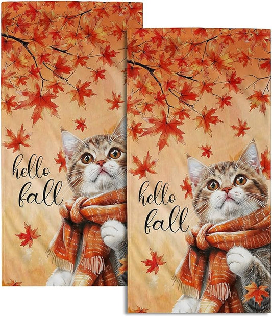 Hello Fall Hand Towel Autumn Cat Maple Leaves Kitchen Towels Set of 2 Soft Absorbent Face Towels Cute Animal Orange Leaves Small Bath Towel for Home Bathroom Hotel Spa Gym 14.4"x 28.3"