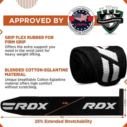 RDX Weight Lifting Wrist Wraps with Gym Straps, Elasticated 18” Cotton Wrap, 60CM Anti Slip Workout Strap Support, Bodybuilding Deadlifting Powerlifting Fitness Gymnastics Strength Training, Men Women