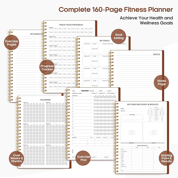 Fitness Workout Journal for Women & Men, A5(5.5" x 8.3") Workout Log Book Planner for Tracking, Progress, and Achieving Your Wellness Goals-Rust Brown