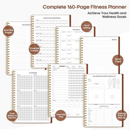 Fitness Workout Journal for Women & Men, A5(5.5" x 8.3") Workout Log Book Planner for Tracking, Progress, and Achieving Your Wellness Goals-Rust Brown