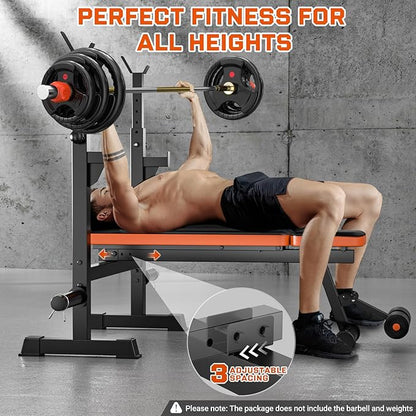 Fostoy 770lbs Weight Bench Set with Squat Rack, 5 in 1 Workout Bench Press With Removable Foot Catch, Adjustable Flat Incline Sit Up Bench for Home Gym Full Body Strength Training
