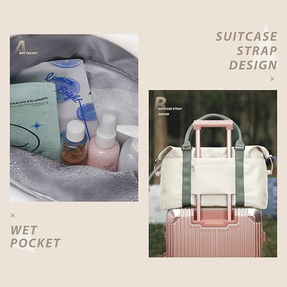 WISEPACK Travel Duffel Bags for Women & Men - Waterproof Weekender, Carry-On, Sports & Gym Bag with Wet Pocket, Overnight & Workout Duffel with Trolley Sleeve - Beige with Green