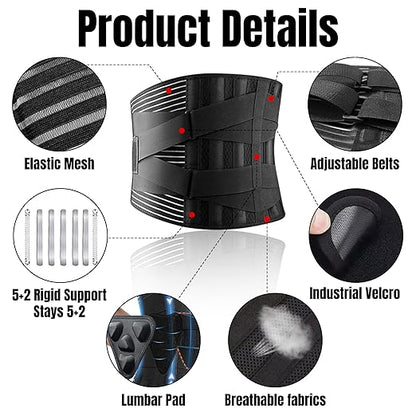 Work Back Brace for Men Women - Adjustable Lower Back Support Belt with Removable 3D Pad and 7 Stays, Breathable Lumbar Support Brace for Posture Heavy Lifting Sciatica Herniated Disc (Medium)