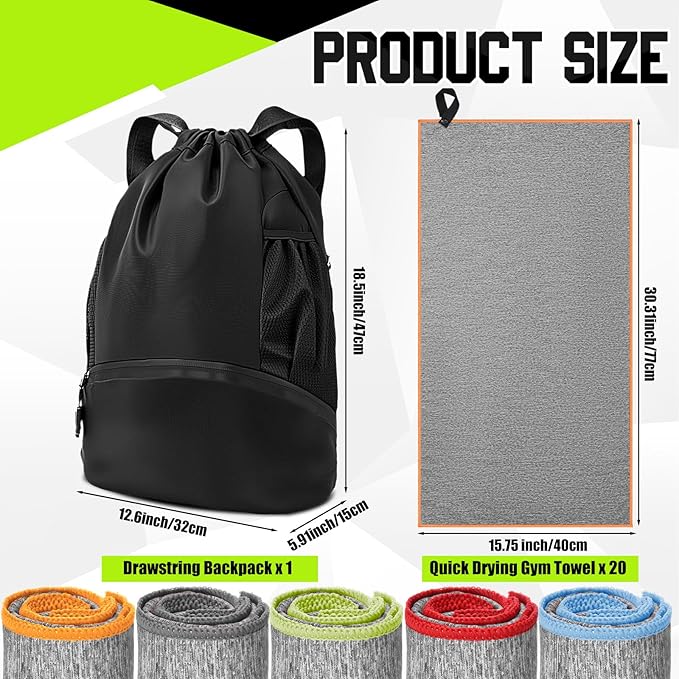 Peryiter 21Pcs Sports Drawstring Backpack and Gym Towels Microfiber Quick Dry Sweat Towel and String Swim Gym Bag Workout Accessories for Women Men Exercise Fitness Working Out Yoga Running