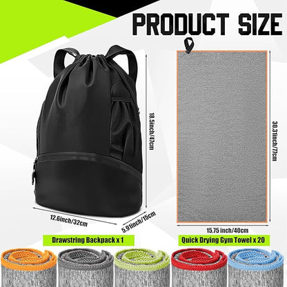 Peryiter 21Pcs Sports Drawstring Backpack and Gym Towels Microfiber Quick Dry Sweat Towel and String Swim Gym Bag Workout Accessories for Women Men Exercise Fitness Working Out Yoga Running