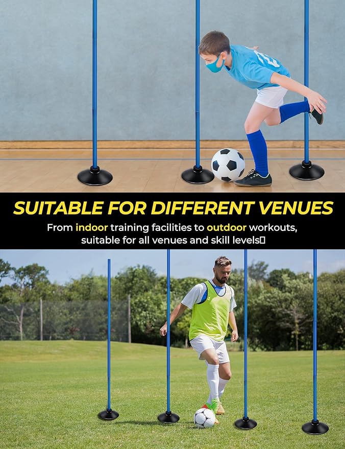 SEAOTTER Soccer Agility Poles Set, 4/6/10 Pcs 6ft Detachable Sports Trainning Speed Poles Slalom Poles with Rubber Base, Agility Training Equipment for Football, Rugby, Basketball, Indoor & Outdoor
