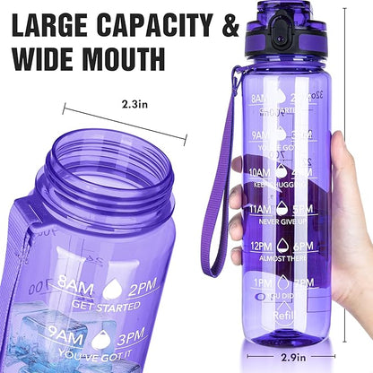 OLDLEY Water Bottle, 32oz Motivational Sports Water Bottle with Time Marker - Times to Drink - Tritan, BPA Free, Wide Mouth Leakproof, Anniversary Birthday Gifts for Men Women, Deep Purple (1 Bottle)