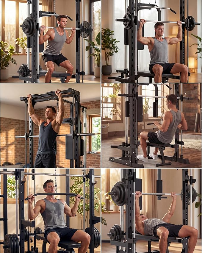 Smith Machine with Bench, Heavy Duty Power Cage Squat Rack with Smith Bar, LAT Pulldown System, Chest Station & More Training Attachment, Home Gym Equipment for Strengthen Training