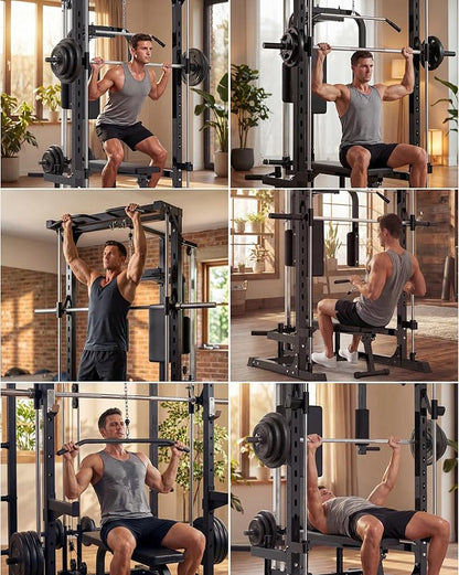 Smith Machine with Bench, Heavy Duty Power Cage Squat Rack with Smith Bar, LAT Pulldown System, Chest Station & More Training Attachment, Home Gym Equipment for Strengthen Training