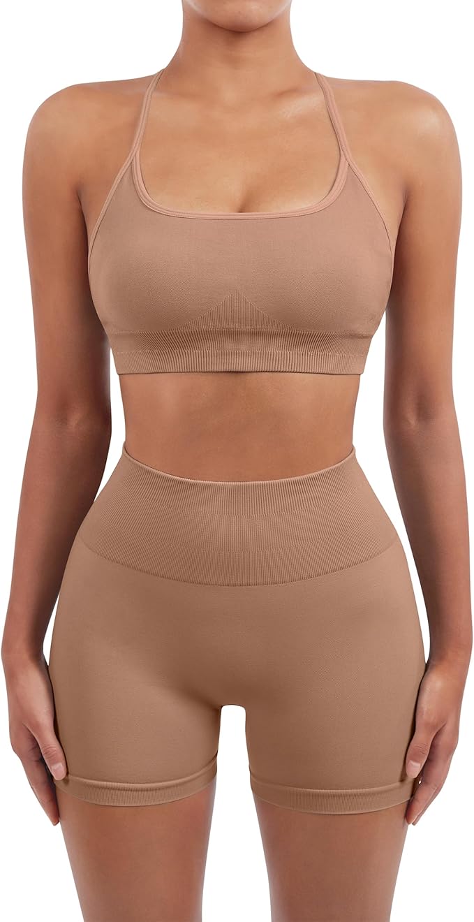SUUKSESS Women Seamless Workout Sets Strappy Sports Bra High Waist Booty Shorts Outfits