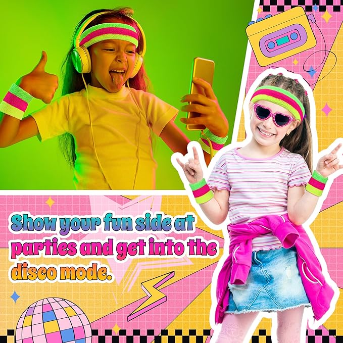 3 Pack Neon Sweatbands Set 80s Wristband and Headband Color War Accessories Sports Sweatbands for Summer Ball Party