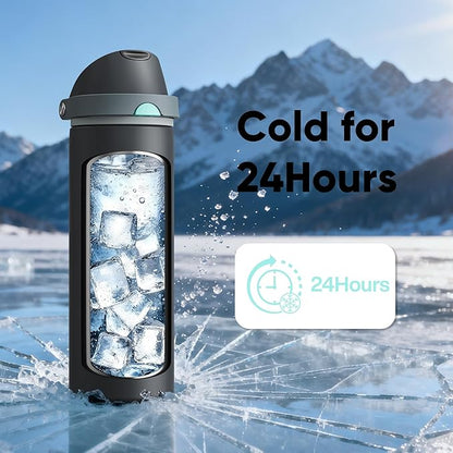 Insulated Water Bottle with Straw - Encool Stainless Steel Water Bottle with Push Button Lid, Leak-Proof & BPA-Free, Keeps Cold for 24 Hours for Sports, Travel, Gym (24 oz, Tuna Grey-Green)