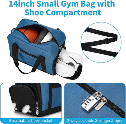 Small Gym Bag 14 inch lightweight Carry On Mini Duffel Bag with Shoe Compartment for Travel Sport - Blue