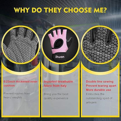 ihuan Breathable Weight Lifting Workout Gym Gloves: Fingerless Exercise Wrist Support | Enhance Palm Protection | Extra Grip for Fitness |Training | Rowing | Pull-ups