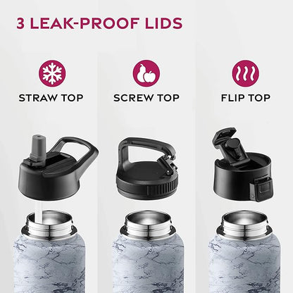 FineDine Triple Walled, Insulated Water Bottles with Straw - 25 Oz Stainless Steel Metal Bottle W/ 3 Leak Proof Lids - For Travel, School, Sports, Gym/Men, Women & Kids - Fresh White Marble