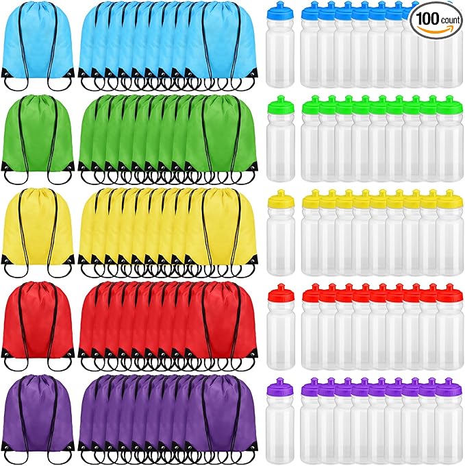 Mifoci 20 oz Plastic Water Bottles Bulk and Drawstring Backpack Set Reusable Sport Water Bottles Lightweight Clear Water Bottle Cinch Gym Drawstring Bags for Adult Kids Fitness DIY