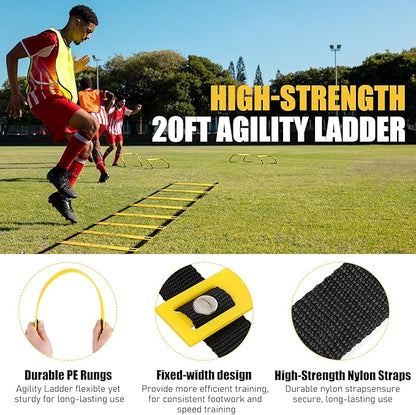 Agility Speed Training Equipment Set, Football Practise Set with 20ft Agility Ladder, 12 Cones, 4 Adjustable Hurdles, Jump Rope, for Basketball, Soccer Training, Football, Kids, Youth, Adults