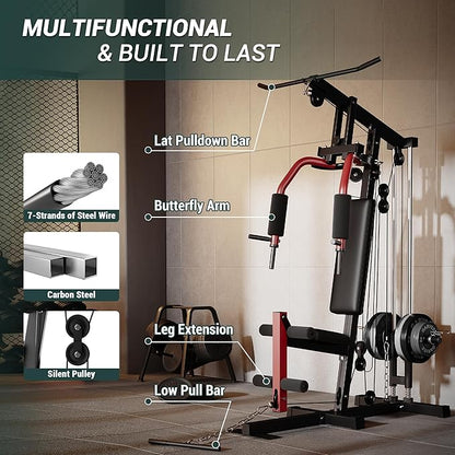 Multifunctional Home Gym Equipment - 300LBS Full Body Workout Machine with Lat Pulldown, Chest Press & Leg Extension | Fits 1" & 2" Weight Plates(not included) | Heavy-Duty Steel Frame & Pulley System