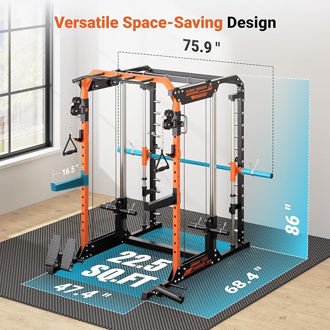 YOLEO Smith Machine & Squat Rack Combo, Multi-Functional Power Racks with Adjustable Width & Pull-Up Bar, Cable Crossover Power Cage, Independent Dual-Pulley System for Home Gym Garage Basement