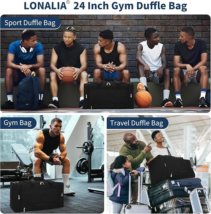 24 inch Mens Gym Bag with Shoe Compartment - 55L Sports Duffle Bag for Travel Workout Fitness-Black