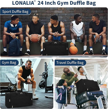24 inch Mens Gym Bag with Shoe Compartment - 55L Sports Duffle Bag for Travel Workout Fitness-Black