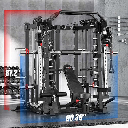 Smith Machine with Cable Crossover System, Multi-Function Squat Rack Power Cage for Home Gym, Power Rack and Packages Weight Sets