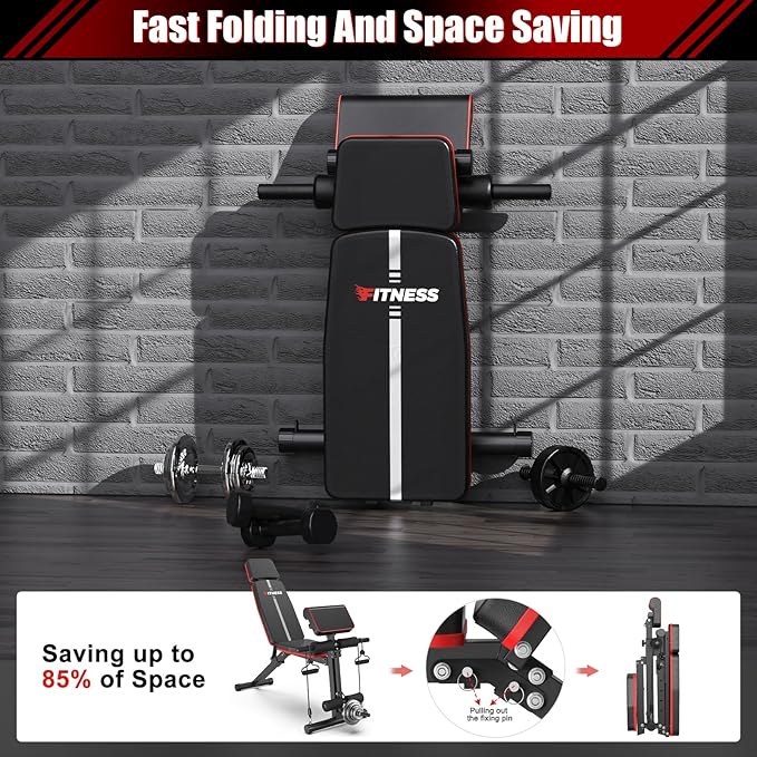 XDDIAS Adjustable Weight Bench, Workout Bench with Leg Extension and Preacher Curl Pad, Weight Bench for Home Gym, Foldable Exercise Bench, Quick Adjustment Incline Bench Press