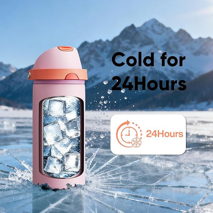 Insulated Water Bottle with Straw - Encool Stainless Steel Water Bottle with Push Button Lid, Leak-Proof & BPA-Free, Keeps Cold for 24 Hours for Sports, Travel, Gym (18 oz, Lily-Red)