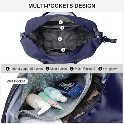 Dark Blue Sport Travel Duffle Bag Large Gym Tote Bags for Women, Weekender Carry on Bags for Airplane, Ladies Beach Overnight Waterproof Luggage Bags with Wet Pocket