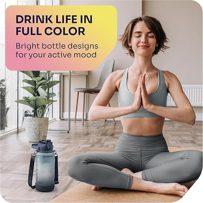 1/2 Gallon Water Bottle with 74.3 oz Capacity - Motivational Time Markers for Daily Hydration Goals - Leakproof BPA Free Tritan with Removable Straw