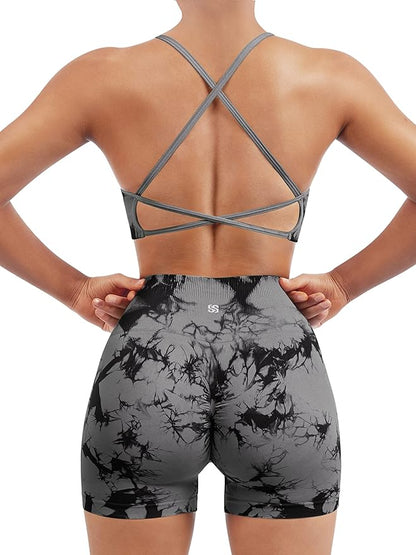 SUUKSESS Women Seamless Workout Sets Strappy Sports Bra High Waist Booty Shorts Outfits