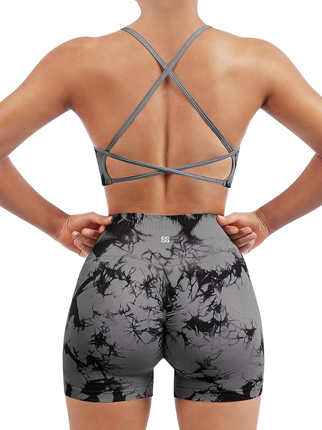 SUUKSESS Women Seamless Workout Sets Strappy Sports Bra High Waist Booty Shorts Outfits