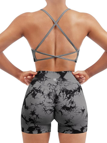 SUUKSESS Women Seamless Workout Sets Strappy Sports Bra High Waist Booty Shorts Outfits