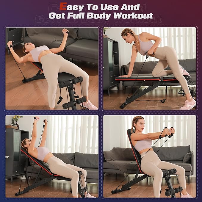 FLYBIRD Foldable Weight Bench with Resistance Bands, 8 Backrests Fast Adjustable FID for Home Gym Full Body Workout, Easy to Storage for Small Apartment