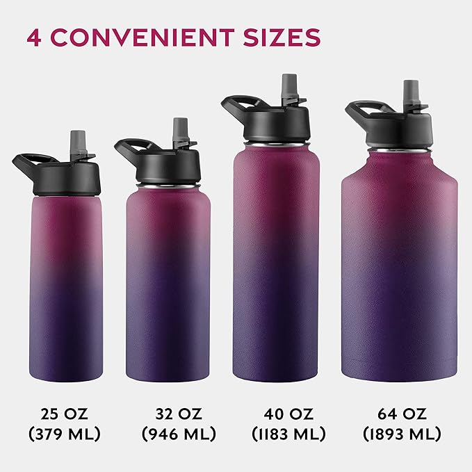 FineDine Triple Walled, Insulated Water Bottles with Straw - 64 Oz Stainless Steel Metal Bottle W/ 3 Leak Proof Lids - For Travel, School, Sports, Gym / Men, Women & Kids - Dreamy Purple