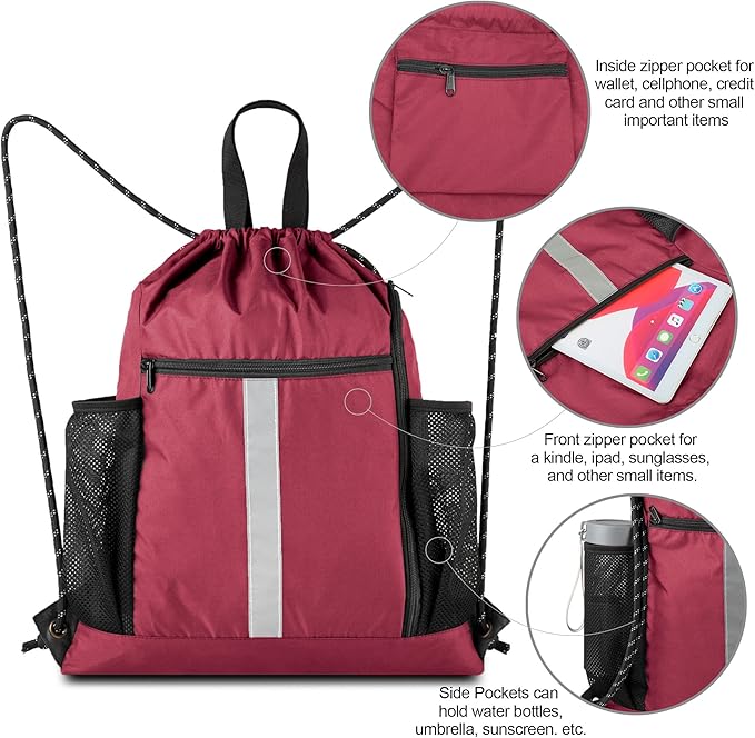 BeeGreen Gym Sack Drawstring Bag Sports String Backpack with Shoe Compartment and Two Water Bottle Holder for Unisex Men Women Heavy Duty Cinch Sackpack