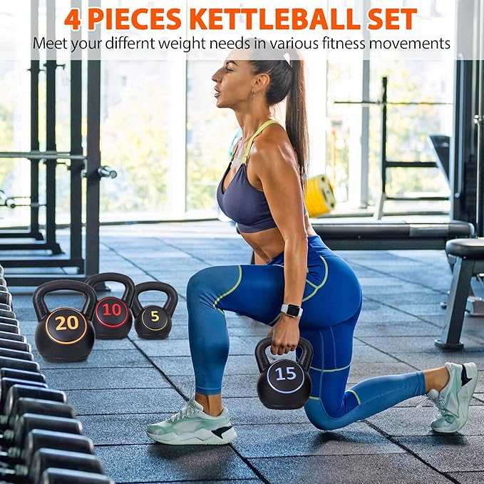 JungleA Kettlebell Sets 3/4 Piece for Women Men, Home Gym Exercise Kettle bell, Fitness Strength Training Kettlebells, 5/10/15/20 lbs Full Body Workout Kettle bells, Compound Movements Equipment Kit