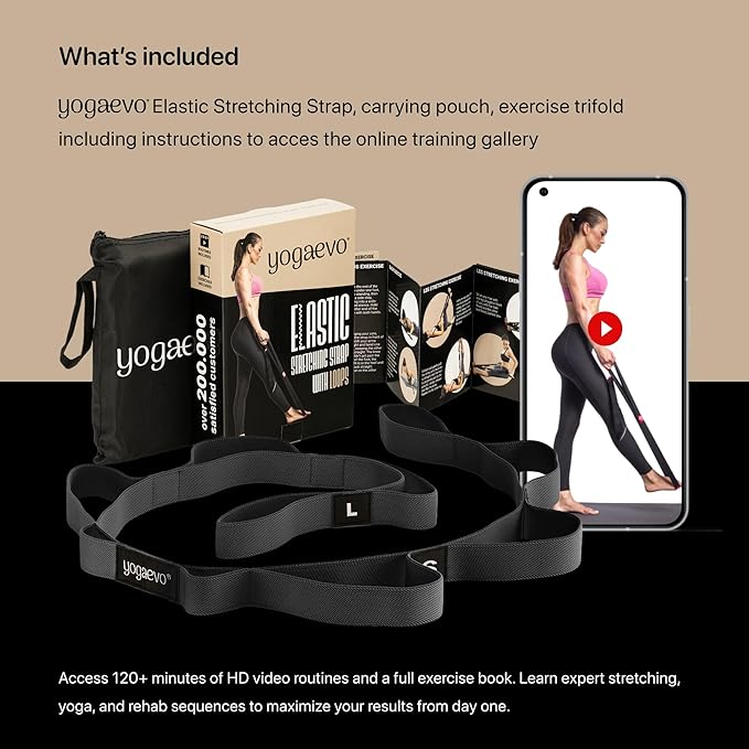 YOGA-EVO Elastic Stretching Strap with 10 Loops Premium Cotton Yoga Strap for Flexibility, Physical Therapy & Muscle Activation Includes Comprehensive HD Video Training & Digital Guide Latex-Free