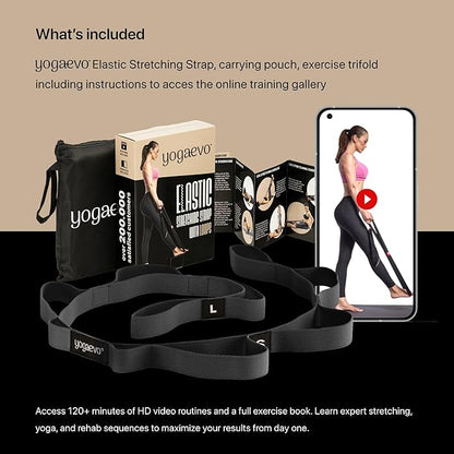 YOGA-EVO Elastic Stretching Strap with 10 Loops Premium Cotton Yoga Strap for Flexibility, Physical Therapy & Muscle Activation Includes Comprehensive HD Video Training & Digital Guide Latex-Free