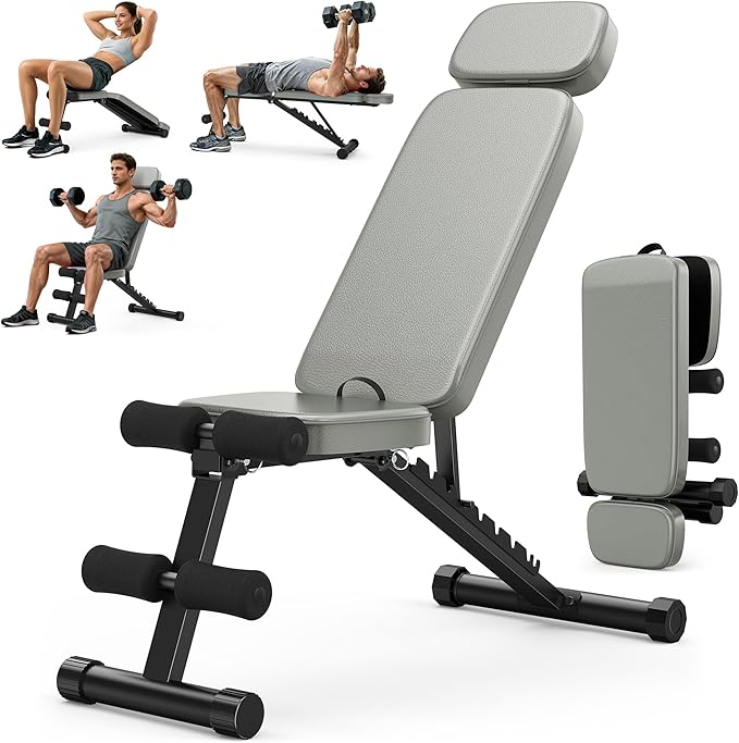XDDIAS Workout Bench, 10 Backrests Adjustable Weight Bench with Extended Headrest, 800LBS Foldable Weight Bench for Home Gym, Incline Decline Flat Bench Compact for Small Space Training
