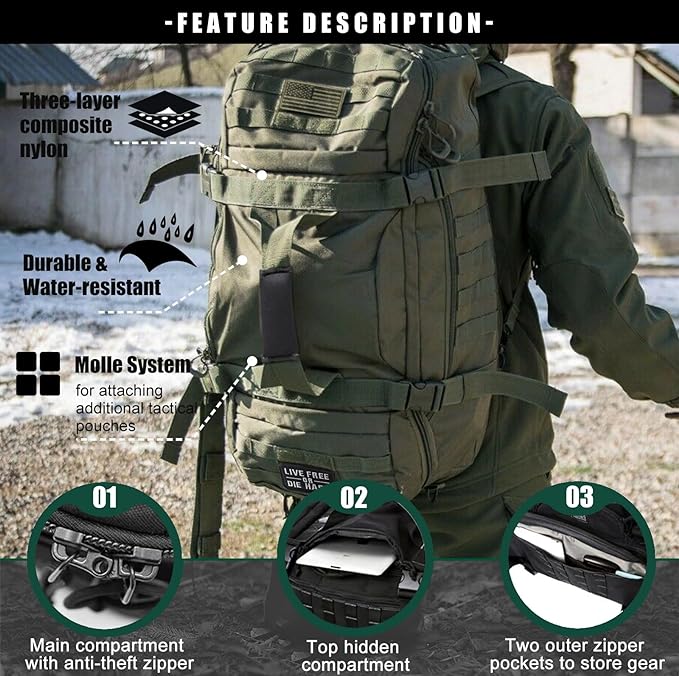 Travel Duffle Bag Backpack for Men - Large Tactical Bags Weekender Gym Bag for Overnight Traveling Military Workout Deployment Sports (Green, 45L)