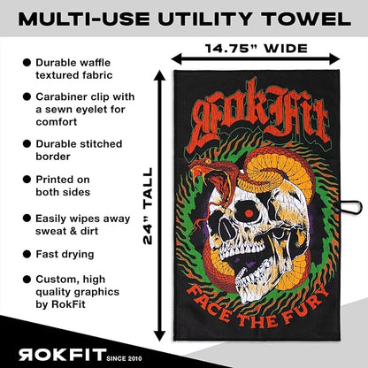 RokFit Gym & Golf Towel – Multi-Use, Quick-Dry, Durable Utility Towel with Bold Graphic and Carabiner Clip (Face The Fury)