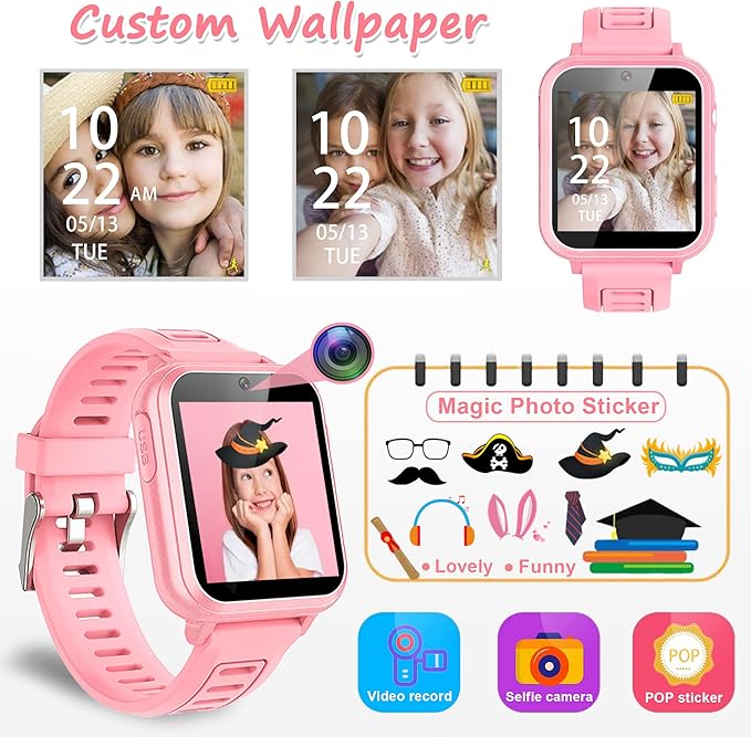 Smart Watch for Kids Gift for Girls Age 5-12, 1.54" Touch Screen Watch with HD Camera Video 39 Games Music Pedometer Flashlight Alarm Clock, Gifts for 7 8 9 10 Year Old Girls Boys