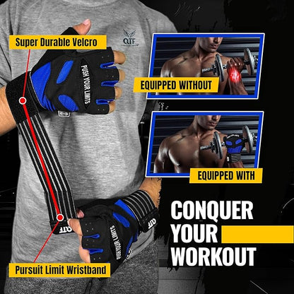 QTF Weight Lifting Gym Workout Gloves with Long Wrist Strap, Fingerless Gym Gloves for Men & Women, Full Palm Protection, for Weightlifting, Training, Fitness, Hanging