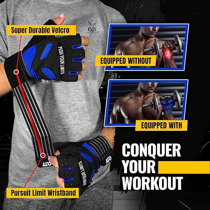 QTF Weight Lifting Gym Workout Gloves with Long Wrist Strap, Fingerless Gym Gloves for Men & Women, Full Palm Protection, for Weightlifting, Training, Fitness, Hanging