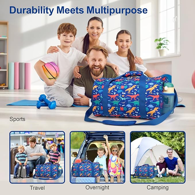 Bagseri Boys Duffle Bag for Travel - Kids Gym & Sports Bag with Shoe Compartment & Water Resistant Wet Pocket, Weekender for Camping & Sleepover (Blue Dinosaur)