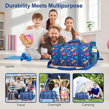 Bagseri Boys Duffle Bag for Travel - Kids Gym & Sports Bag with Shoe Compartment & Water Resistant Wet Pocket, Weekender for Camping & Sleepover (Blue Dinosaur)